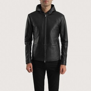 Veste en cuir noire à capuche pour homme, coupe ajustée, fermeture éclair sur le devant, style moto, manches classiques, couleur unie, vêtement d'extérieur en cuir véritable, pour l'automne - Product Image 6