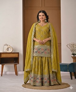 Women Olive Green Silk Embroidered Salwar Kameez Dupatta Traditional Ethnic Wear Regular Fit Wedding Party Outfit (MD-3092) - Product Image 1