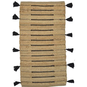 Handcrafted Jute Area Rug Striped Pattern Black Tassels Bohemian Style Flat Weave Rectangle Living Room Decor - Product Image 1