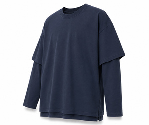 T-shirt décontracté en coton à manches longues superposées pour homme, coupe oversize, avec logo frontal, anti-boulochage, style urbain, tissu tricoté 220g - Product Image 2