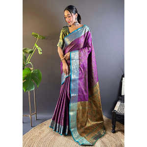 Sari traditionnel indien en soie cachemire douce violette, tissé avec des fils zari contrastés, écharpe et châle - Product Image 3