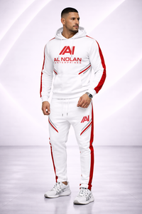 Conjunto Deportivo Blanco y Rojo para Hombre - Conjunto de Sudadera con Capucha y Pantalones Deportivos con Logotipo Personalizado |   Ropa Deportiva Ajustada de Estilo Urbano - Product Image 2