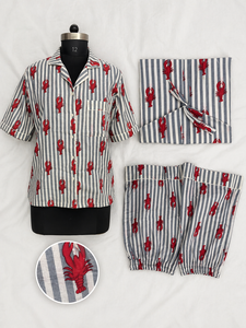 Grey Stripes <b>Crab</b> Print Hand Block Night Suit Set Women Short Sleeve Shirt Shorts Casual Handmade Cotton Masterpiece Sleepwear - Product Image 1