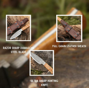 Couteau de chasse multifonction en acier Damas, manche en bois teinté bleu, 7 pouces de longueur totale, pointe clip, qualité industrielle, OEM SHORT SIGN - Product Image 4