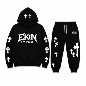 Ensemble survêtement homme 2 pièces personnalisé sérigraphié, style streetwear noir, pantalon de jogging et sweat à capuche - Product Image 1