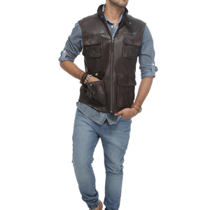 Best Quality Men's Genuine <b>Leather</b> <b>Vest</b> Stand Collar Zipper Closure Casual Solid Color Multi Pockets Outer Wear Autumn Style - Product Image 2