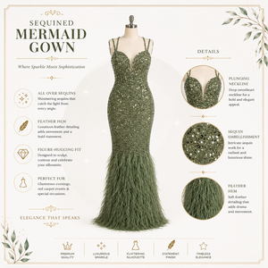 Luxury Sage Green Beading Embroidery Mermaid Gown | Feather Hem Sweetheart Neck Modern Floor-Length Evening Dress | Natural - Product Image 5
