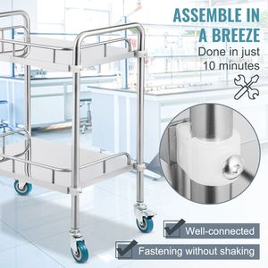 Carrello da Laboratorio a 2 Ripiani in Acciaio Inossidabile con Ruote Girevoli per Officine - Product Image 6