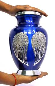 Blue Metal Urn with Angel Wings Design Round Keepsake Cremation Ashes Vessel for Sympathy <b>Memorial</b> Home Decor - Product Image 3