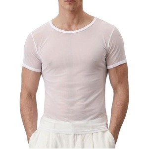 Camiseta de malla blanca personalizada para hombre, de manga corta, cuello redondo, ajuste slim, tejida, transpirable, informal, estilo red de pesca - Product Image 1