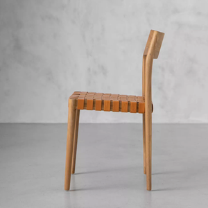 Chaise de salle à manger en teck au design moderne avec siège en cuir pour l'ameublement de la maison - Product Image 3