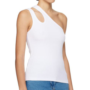 Top de punto asimétrico blanco con un hombro descubierto para mujer, estilo transpirable de longitud regular con patrón liso - Product Image 2