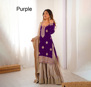 ชุดเซ็ตเสื้อคุर्ติ ชาราร่า งานปักอินเดียสำเร็จรูป ผ้าจอร์เจตต์ ดีไซน์เนอร์ปากีสถาน ชุดงานเลี้ยงสไตล์ชาติพันธุ์ ขายดีที่สุด - Product Image 1