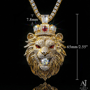 จี้รูปหัวสิงโตสีทองประดับมอยส์ซาไนต์ สร้อยคอพร้อมจี้มงกุฎประดับเพชรเทียมสำหรับผู้ชาย - Product Image 4