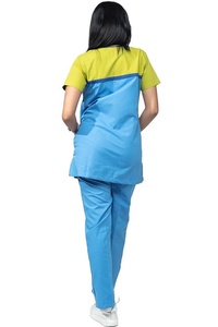 Women Blue <b>Scrub</b> <b>Set</b> with Yellow Accent Hospital Uniform Pants Cotton Polyester Knitted Fabric Needle Detection Seamless Fusing - Product Image 2
