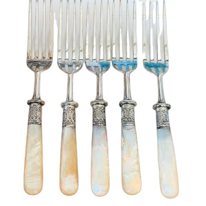 Antique Victorian Mother Of Pearl <b>Handled</b> Forks Vintage Dessert Fruit Cutlery Flatware Utensil Ornate Sheffield Style Silverware - Product Image 1