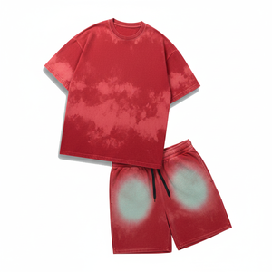 Ensemble d'été décontracté pour homme, rouge délavé, à épaules tombantes, en tissu tricoté 100% coton, séchage rapide, écologique, avec logo frontal 300 - Product Image 1