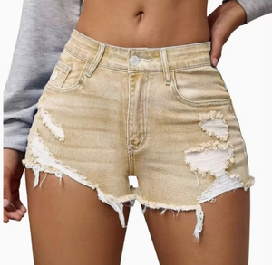 Shorts de mezclilla de cintura alta para mujer, desgastados, vintage, de algodón lavado, casuales, de verano - Product Image 1