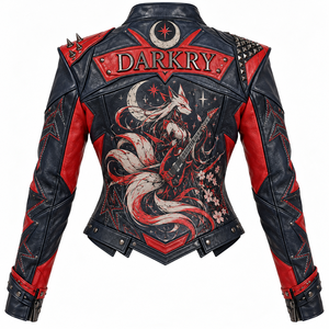 Chaqueta de cuero gráfica para mujer, estilo motero, con tachuelas y púas, color azul marino y rojo, estilo punk rock, ropa exterior, proveedor de fábrica al por mayor, OEM, ODM, personalizada - Product Image 2