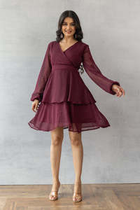 Elegante Vestido Midi Cruzado de Gasa Borgoña con Bordado, Manga Larga, Cuello en V, Ajustado, Estilo Otoñal, Hermoso Vestido de Fiesta - Product Image 3