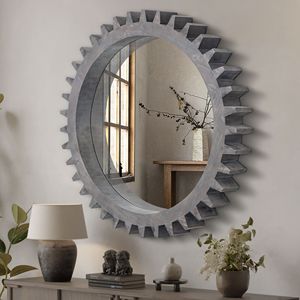 Antica corteccia marrone 42 ''X 42'' in legno Vintage specchio decorativo appesa forma di ingranaggio per bagno di arredamento soggiorno - Product Image 1
