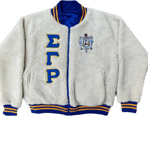 Sigma Gamma Rho <b>Sherpa</b> Bomber Jacket Warm Fleece Varsity Style Zip-Up Outerwear Casual Winter Jacket Ribbed Collar Cuffs Custom - Product Image 3