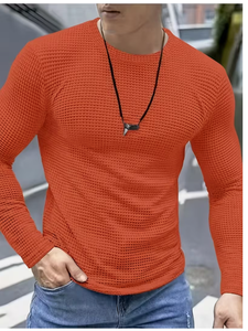 เสื้อเชิ้ตแขนยาวผู้ชาย ถักนิตติ้ง สีพื้น คอกลม แขนยาว ใส่ได้ในฤดูใบไม้ร่วง สีส้ม ระบายอากาศได้ดี เสื้อเชิ้ตแขนยาวผู้ชายแบบพื้นฐาน - Product Image 4