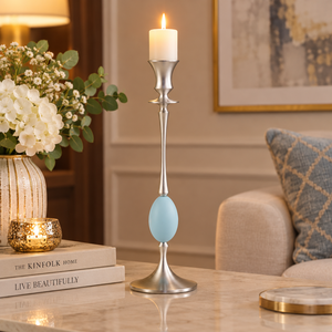 <b>Tall</b> Silver Metal Taper <b>Candle</b> <b>Holder</b> with Blue Resin Accent Luxury Chrome Candlestick Stand Wholesale Event Decor - Product Image 2