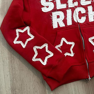 Sleep Rich <b>Red</b> Hooded <b>Sweatshirt</b> With White Stars Zipper Front Unisex Casual Knitted Cotton Autumn Wear - Product Image 3