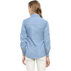 Camisa de Mezclilla con Cuello Alto 100% Algodón Orgánico para Mujer, Corte Ajustado, Manga Corta, Informal, de Verano, para Oficina - Product Image 3