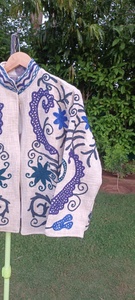 Knitted Hand Embroidered Floral Cotton <b>Jacket</b> Breathable Eco-Friendly Stand Autumn Winter Batwing Sleeve Three Quarter Women's - Product Image 4