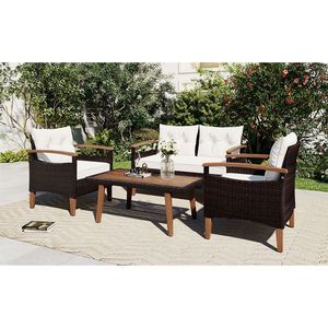 Set di Mobili da Giardino in Rattan PE Marrone e Beige, 4 Pezzi, con Divano da Esterno e Tavolo con Gambe in Legno - Product Image 4