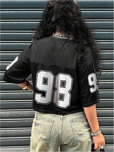 Women V Neck <b>Mesh</b> <b>Crop</b> <b>Top</b> Short Sleeve Loose Fit Black 98 Number Print Sporty T-Shirt Breathable All Seasons - Product Image 6