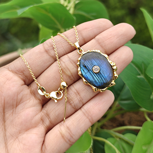 Gemstone Labradorite Turquoise Fancy Shape Pendant 18k Gold Plated Brass Material 22-Inch <b>Cable</b> Chain Lobster Clasp Women's - Product Image 6