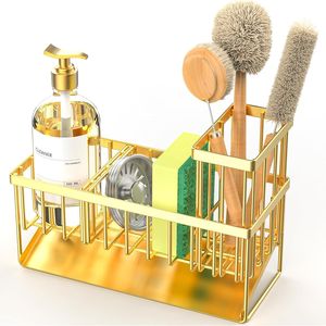 Portaspugne da cucina con supporto per spazzole, organizer da lavello in acciaio inox 304 antiruggine, accessorio da piano di lavoro color oro, soluzione salvaspazio per la cucina - Product Image 1