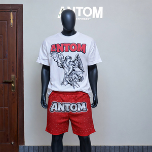 Ensemble survêtement court vintage délavé à l'acide avec impression en relief personnalisée 30MOQ, streetwear vintage, impression sérigraphique strass et ensembles de t-shirts pour hommes - Product Image 3