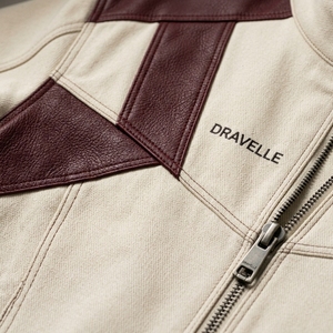 Chaqueta de Cuero y Lona con Parches Color Crema y Borgoña, Cuello Alto, Estilo Motociclista, para Hombre, Fabricante OEM - Product Image 6