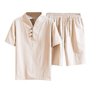 Ensemble deux pièces en coton et lin pour homme, tenue décontractée d'été respirante, chemise à manches courtes et short, vêtements de loisirs, vente en gros OEM - Product Image 4