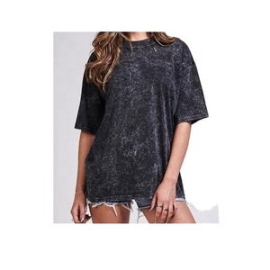 Nueva Blusa Estilo Acid Wash para Mujer 2026, Camiseta Azul Marino con Efecto Manchado, 100% Algodón Tejido, 200g, Manga Corta, Cuello Clásico Informal - Product Image 1