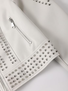 Women's Genuine Leather Moto <b>Biker</b> <b>Jacket</b> Studded Rivet Stand Collar Short Coat Casual Motorcycle Finished Cafe Racer Waterproof - Product Image 4