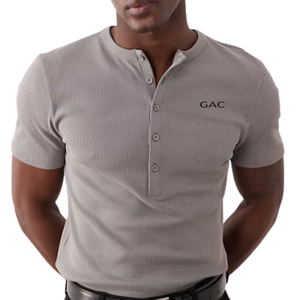 <b>Men</b> Waffle <b>Henley</b> T-Shirt Regular Fit Short Sleeve Casual Summer <b>Top</b> Soft Stretch Breathable Quick Dry Sweat-Wicking 220 Grams - Product Image 1
