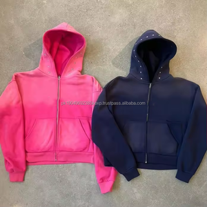 Sudadera con Capucha Personalizada con Logotipo, 500 g/m², Algodón, para Hombre, con Remaches, Corta, Holgada, Estilo Vintage, Lavado Ácido, con Cierre - Product Image 1