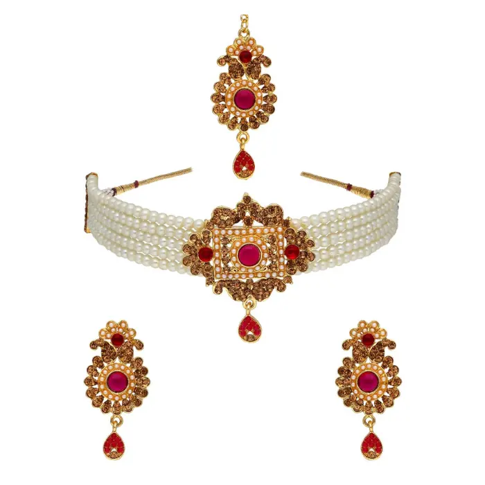 Gargantilla tradicional de color rubí, collar con acabado dorado, piedra Artificial, multicapa tradicional india, gargantilla de perlas