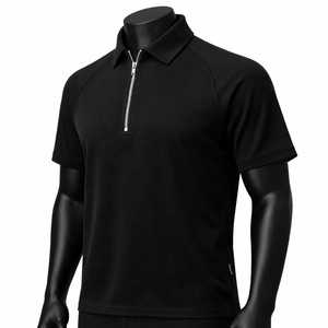 Men's <b>Black</b> Short Sleeve Zipper <b>Polo</b> Shirt Knitted Casual Solid Color Regular Fit - Product Image 3