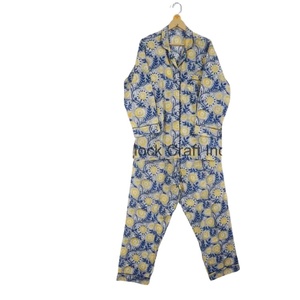 Belle main bloc imprimé fleuri coton femmes pyjama ensemble à manches longues chemise de nuit confortable doux vêtements de nuit pour - Product Image 1