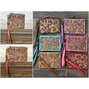 Cartera de mano para mujer, estilo nuevo, de cuero genuino repujado, con diseño floral completo, con cremallera, para tarjetas de crédito y cajeros automáticos, ideal para compras. - Product Image 1