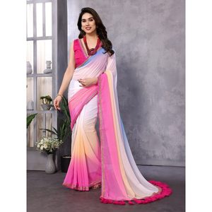 SAREE DE FIESTA DE MODA CON BORDADO DE GEORGETTE Y ENCAJE, CON BLUSA SIN COSTURAR, MULTICOLOR - Product Image 1