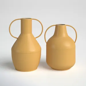 Minimalist Metal Tabletop <b>Vase</b> With Handle <b>Mustard</b> Yellow 13.80 In And 12 In Height For Modern Home Decor - Product Image 4
