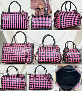 New Pink & <b>Black</b> Checkered Hand Tooled Leather <b>Large</b> Speedy Bag Women Designer Top Handle Crossbody Shoulder <b>Handbag</b> Duffel Bags - Product Image 3