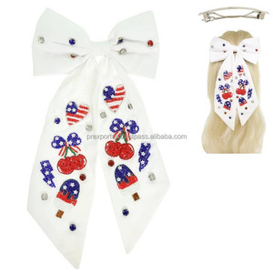 Beaded Cheer <b>Clip</b> Fireworks Festival Parade Accessory USA Patriotic Girls Hair <b>Bow</b> Wedding Parties Fabric Satin Red White Blue - Product Image 2
